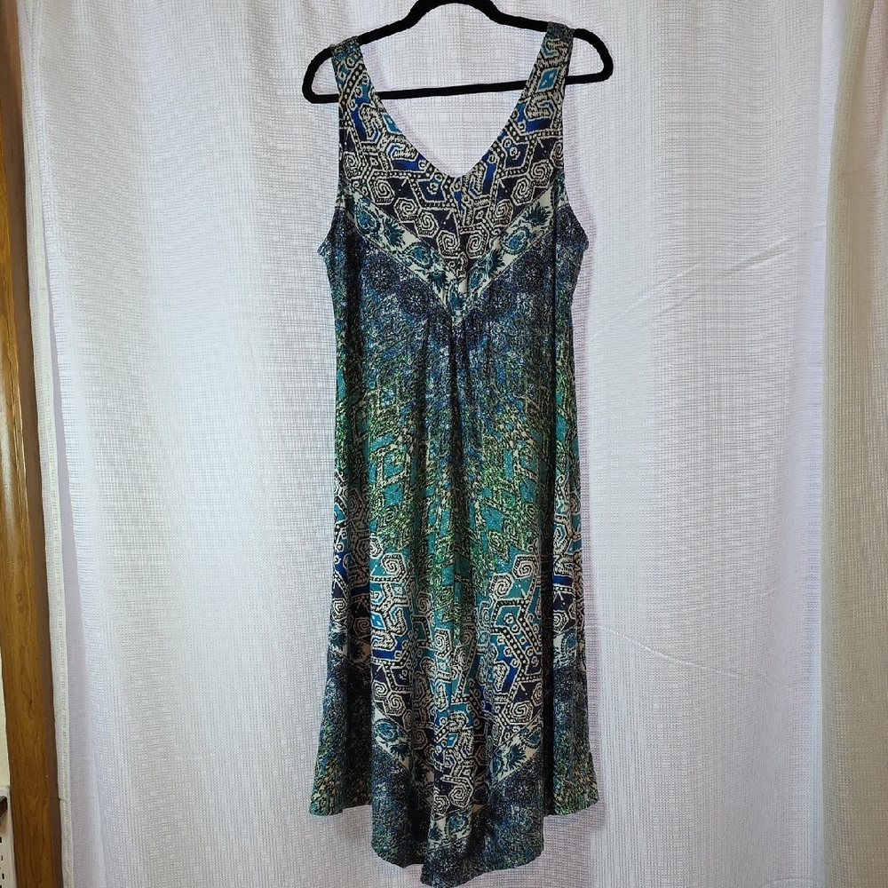 JohnPaulRichard Sleeveless Pointed Hem Blue and Green Midi Dress L